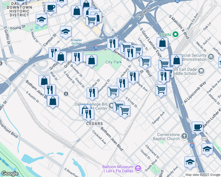map of restaurants, bars, coffee shops, grocery stores, and more near 1521 Hickory Street in Dallas