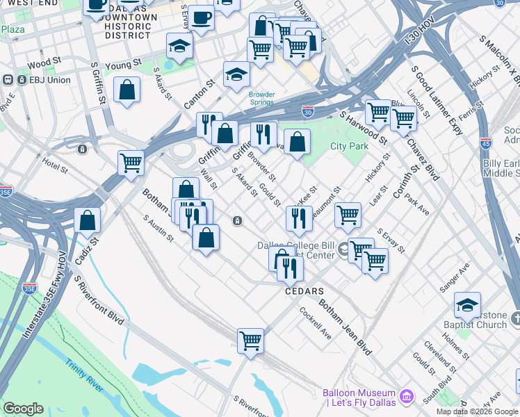 map of restaurants, bars, coffee shops, grocery stores, and more near 1511 South Akard Street in Dallas