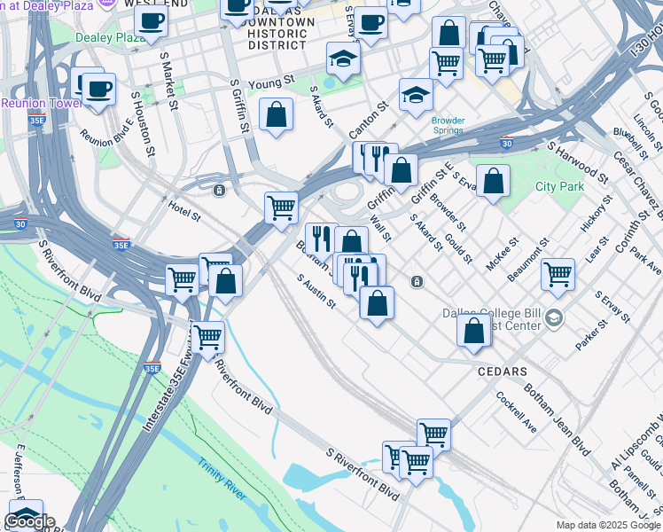 map of restaurants, bars, coffee shops, grocery stores, and more near 1135 Botham Jean Boulevard in Dallas