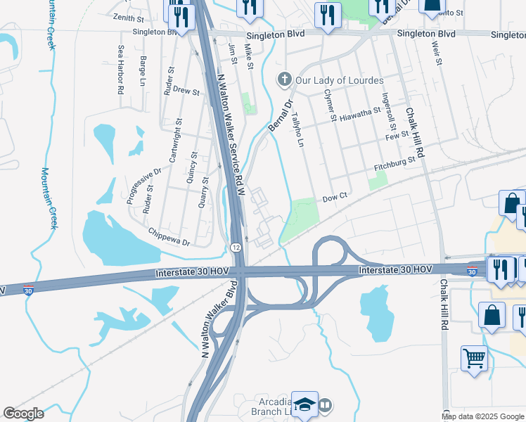 map of restaurants, bars, coffee shops, grocery stores, and more near 5880 Bernal Drive in Dallas