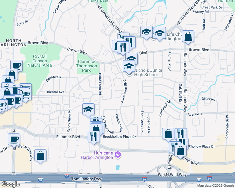 map of restaurants, bars, coffee shops, grocery stores, and more near 1729 Woodstock Boulevard in Arlington