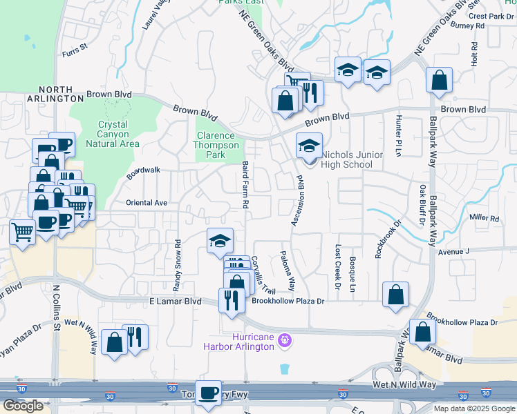 map of restaurants, bars, coffee shops, grocery stores, and more near 1712 Baird Farm Circle in Arlington