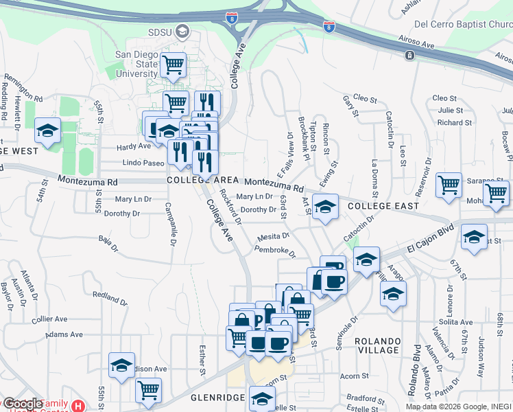 map of restaurants, bars, coffee shops, grocery stores, and more near 6205 Dorothy Drive in San Diego