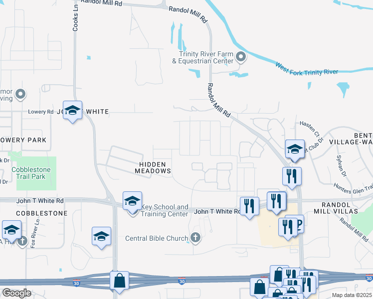 map of restaurants, bars, coffee shops, grocery stores, and more near 729 Buzzard Lake Trail in Fort Worth