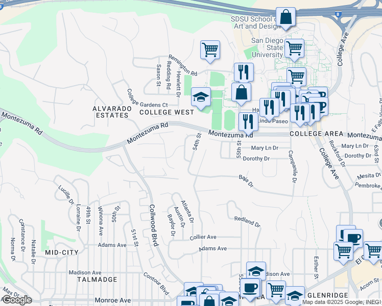 map of restaurants, bars, coffee shops, grocery stores, and more near 5014 Faber Way in San Diego