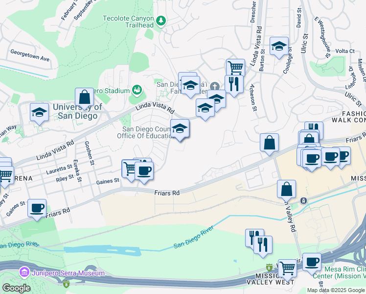 map of restaurants, bars, coffee shops, grocery stores, and more near 6401 Linda Vista Road in San Diego