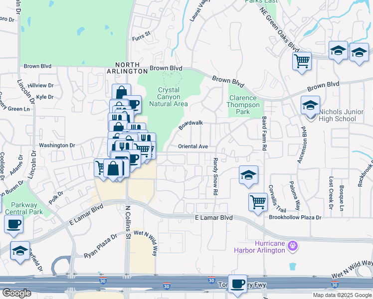 map of restaurants, bars, coffee shops, grocery stores, and more near 1212 Riverchase Lane in Arlington