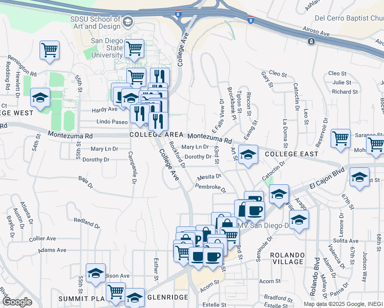 map of restaurants, bars, coffee shops, grocery stores, and more near 6105 Dorothy Drive in San Diego