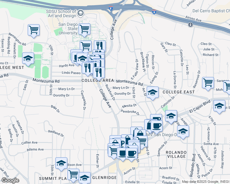 map of restaurants, bars, coffee shops, grocery stores, and more near 6105 Dorothy Drive in San Diego
