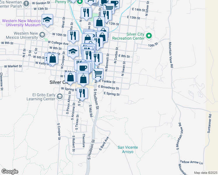 map of restaurants, bars, coffee shops, grocery stores, and more near 419 East Broadway Street in Silver City