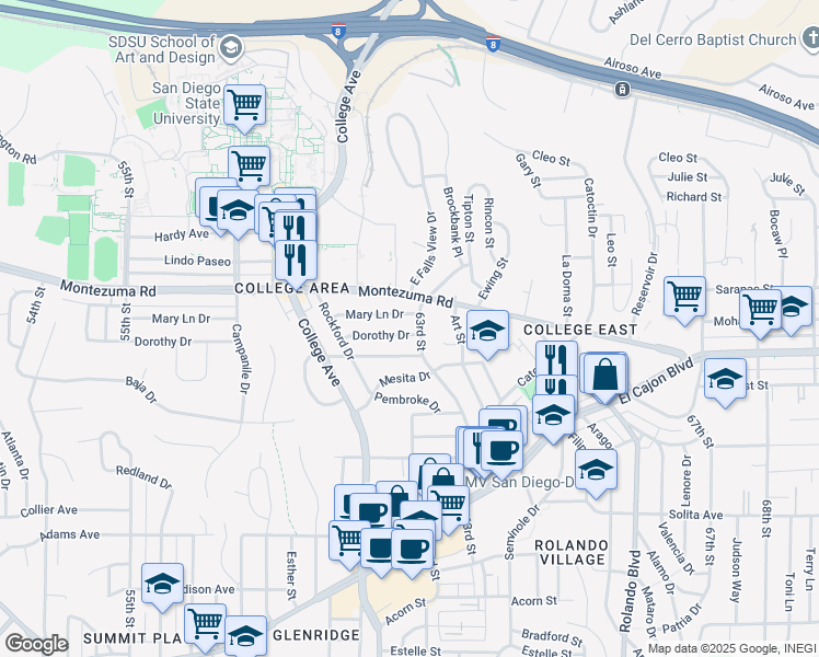 map of restaurants, bars, coffee shops, grocery stores, and more near 5011 63rd Street in San Diego