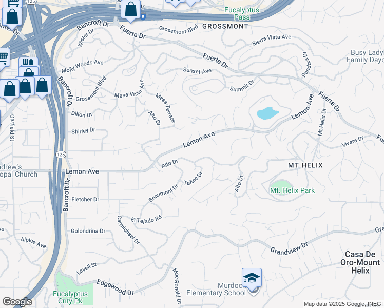 map of restaurants, bars, coffee shops, grocery stores, and more near 9580 Alto Drive in La Mesa