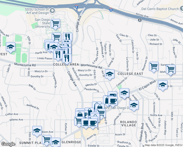 map of restaurants, bars, coffee shops, grocery stores, and more near 6205 Dorothy Drive in San Diego