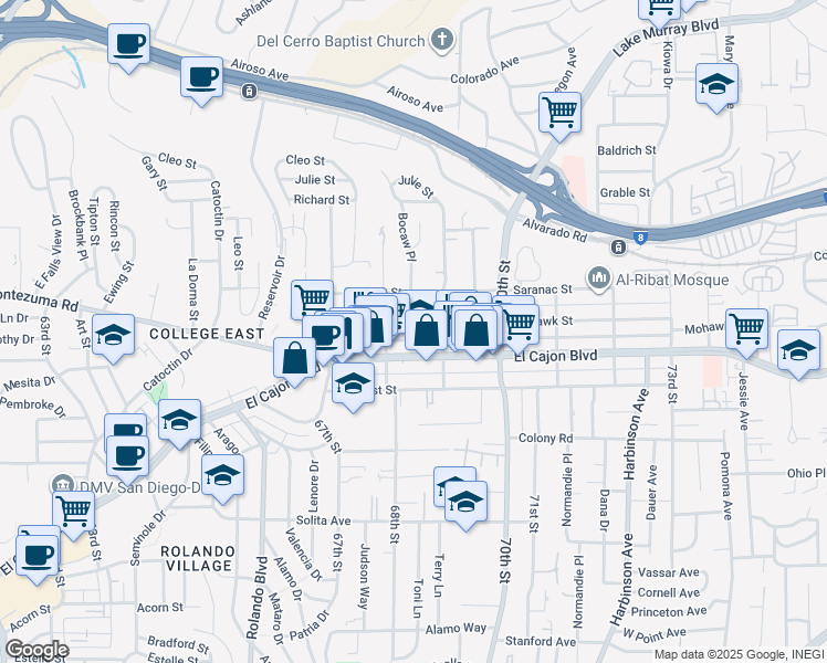 map of restaurants, bars, coffee shops, grocery stores, and more near 6843 Mohawk Street in San Diego