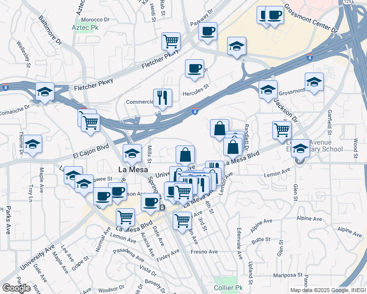 map of restaurants, bars, coffee shops, grocery stores, and more near 4950 Pine Street in La Mesa