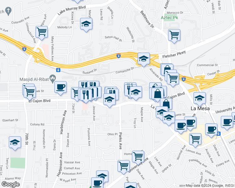 map of restaurants, bars, coffee shops, grocery stores, and more near 4945 Comanche Drive in La Mesa