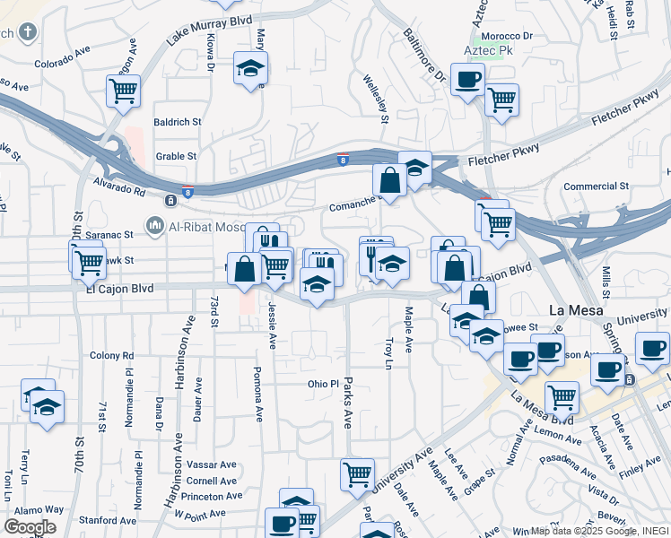 map of restaurants, bars, coffee shops, grocery stores, and more near 4945 Comanche Drive in La Mesa
