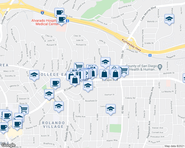 map of restaurants, bars, coffee shops, grocery stores, and more near 6766 El Cajon Boulevard in San Diego