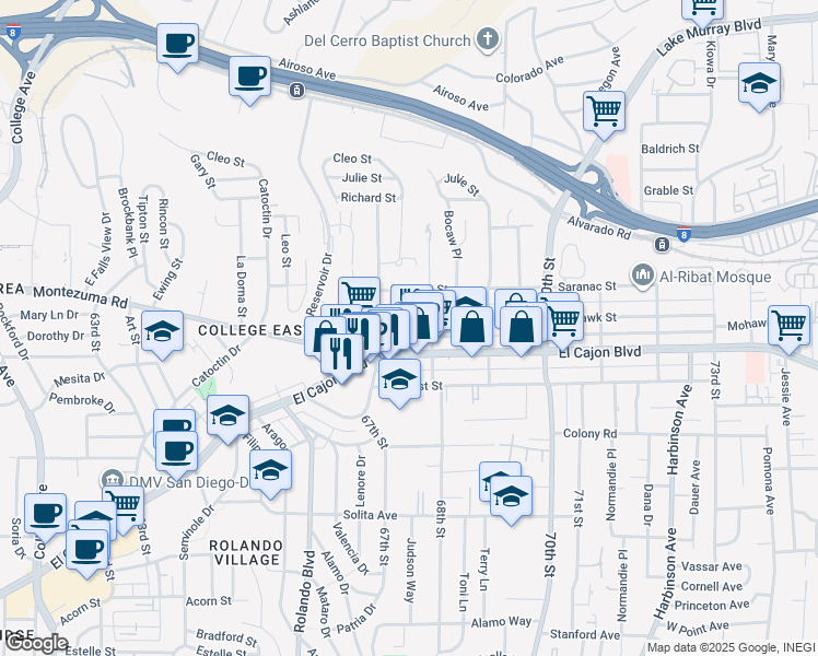 map of restaurants, bars, coffee shops, grocery stores, and more near 6766 El Cajon Boulevard in San Diego