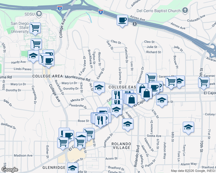 map of restaurants, bars, coffee shops, grocery stores, and more near 6401-6413 Montezuma Road in San Diego