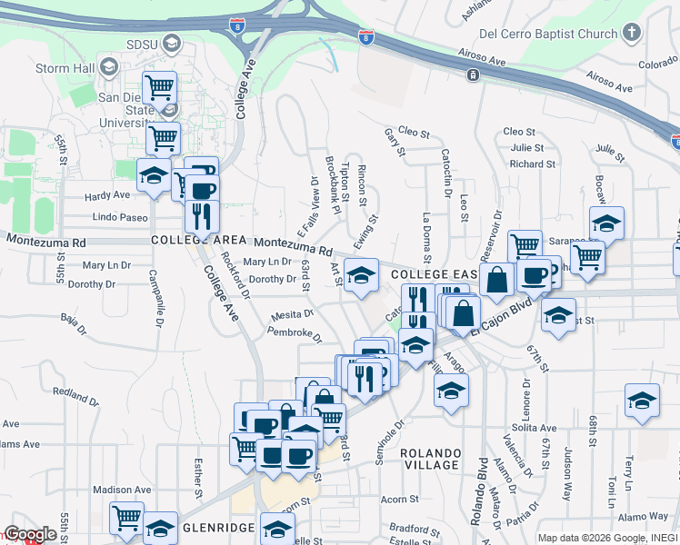 map of restaurants, bars, coffee shops, grocery stores, and more near 5027 Art Street in San Diego