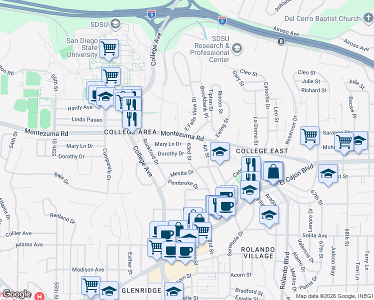map of restaurants, bars, coffee shops, grocery stores, and more near 5011 63rd Street in San Diego