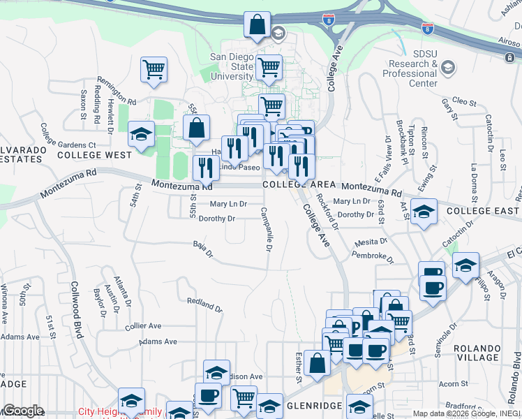 map of restaurants, bars, coffee shops, grocery stores, and more near 5028 Campanile Drive in San Diego