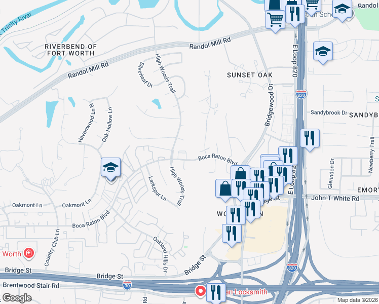 map of restaurants, bars, coffee shops, grocery stores, and more near 6206 Post Oak Terrace in Fort Worth