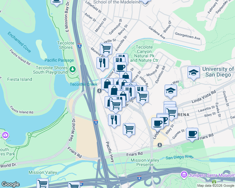 map of restaurants, bars, coffee shops, grocery stores, and more near 1200-1210 W Morena Blvd in San Diego