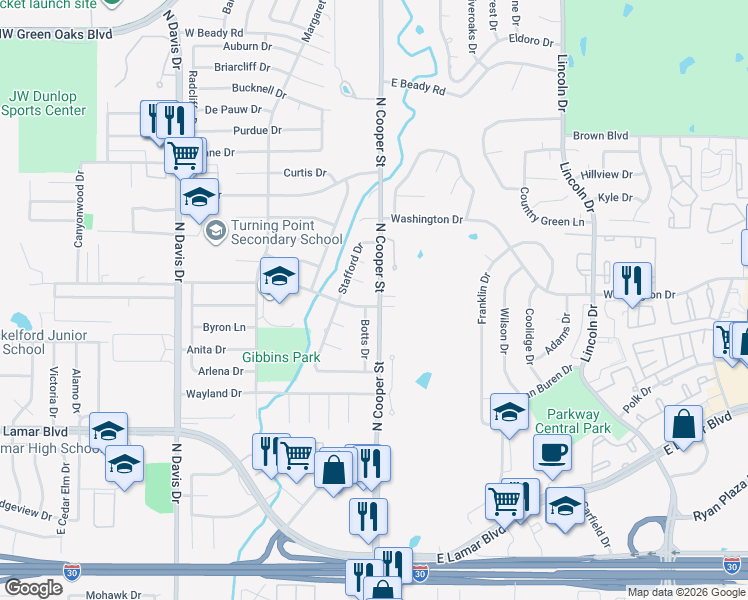 map of restaurants, bars, coffee shops, grocery stores, and more near 2109 Botts Drive in Arlington
