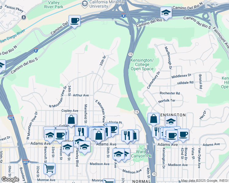 map of restaurants, bars, coffee shops, grocery stores, and more near 3640 Eugene Place in San Diego