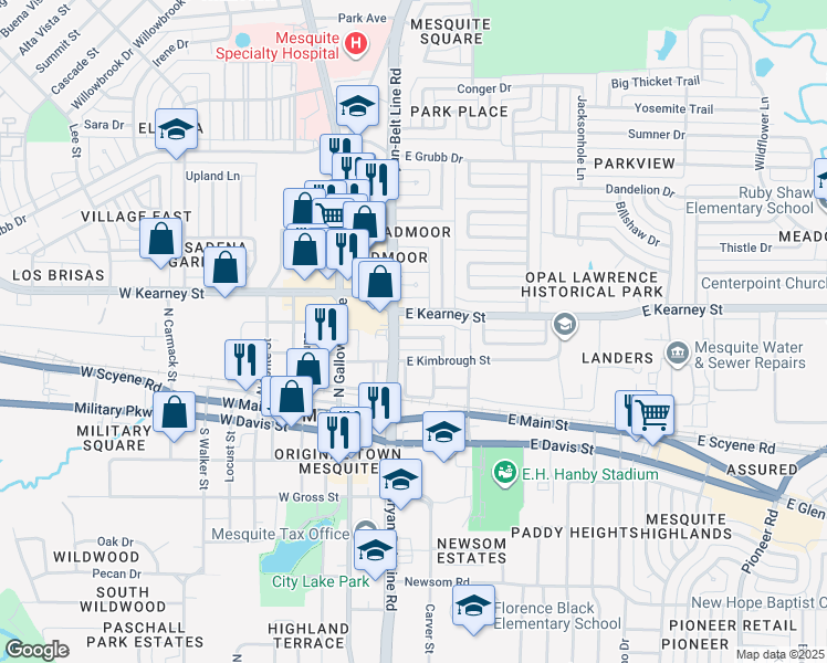 map of restaurants, bars, coffee shops, grocery stores, and more near 206 Jasanda Way in Mesquite