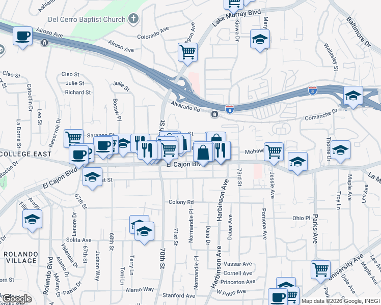 map of restaurants, bars, coffee shops, grocery stores, and more near 7090 El Cajon Boulevard in San Diego