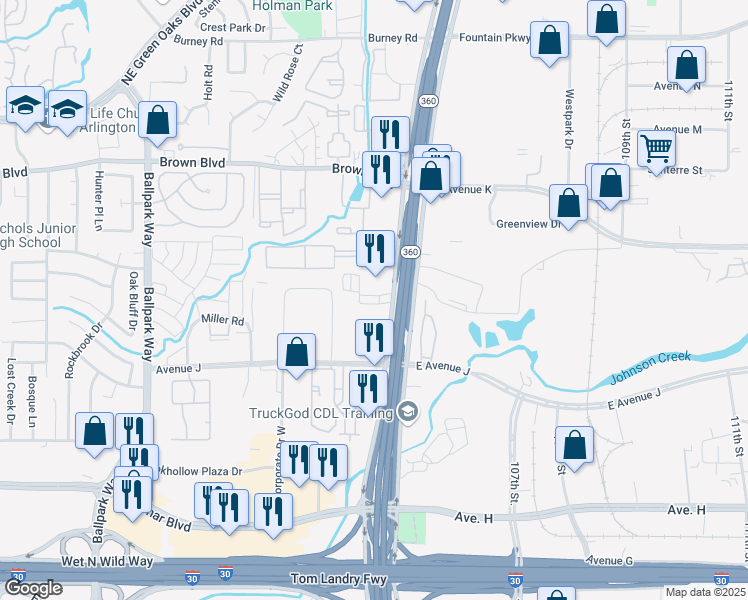 map of restaurants, bars, coffee shops, grocery stores, and more near 1221 North Watson Road in Arlington