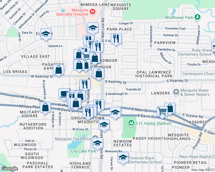 map of restaurants, bars, coffee shops, grocery stores, and more near 215 Jasanda Way in Mesquite