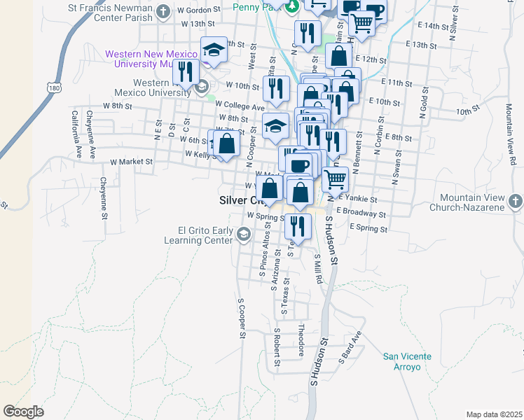 map of restaurants, bars, coffee shops, grocery stores, and more near 100 South Pinos Altos Street in Silver City