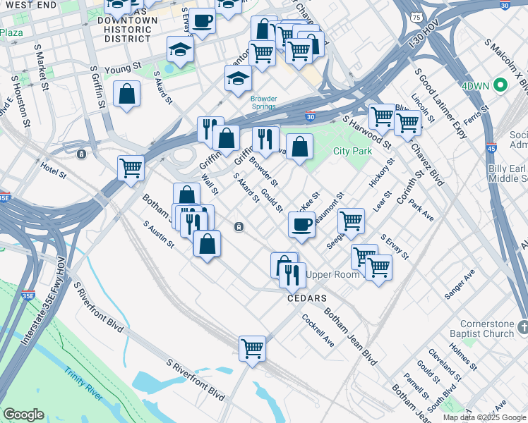 map of restaurants, bars, coffee shops, grocery stores, and more near 1511 South Akard Street in Dallas
