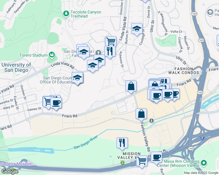 map of restaurants, bars, coffee shops, grocery stores, and more near Canyon Rim Row in San Diego