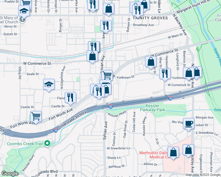 map of restaurants, bars, coffee shops, grocery stores, and more near 750 Fort Worth Avenue in Dallas