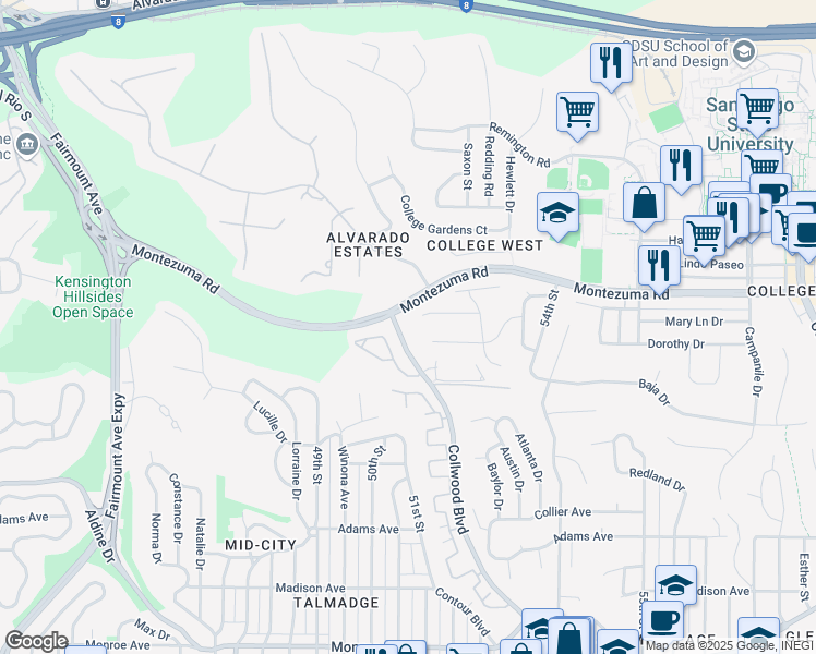map of restaurants, bars, coffee shops, grocery stores, and more near 5055 Collwood Boulevard in San Diego