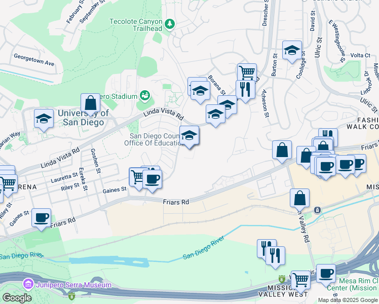 map of restaurants, bars, coffee shops, grocery stores, and more near 6401 Linda Vista Road in San Diego