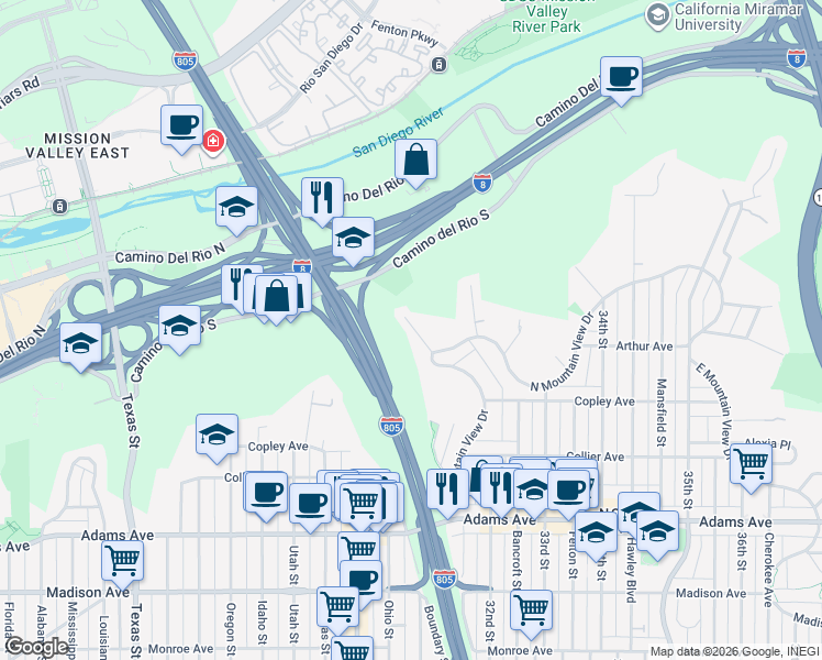 map of restaurants, bars, coffee shops, grocery stores, and more near 5036 Litchfield Road in San Diego