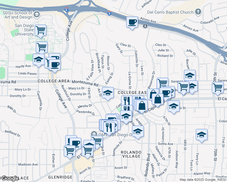 map of restaurants, bars, coffee shops, grocery stores, and more near 6431 Montezuma Road in San Diego