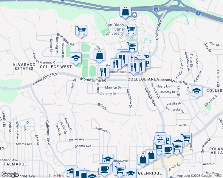 map of restaurants, bars, coffee shops, grocery stores, and more near 5531 Dorothy Drive in San Diego
