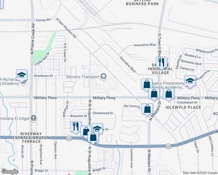map of restaurants, bars, coffee shops, grocery stores, and more near 9757 Military Parkway in Dallas