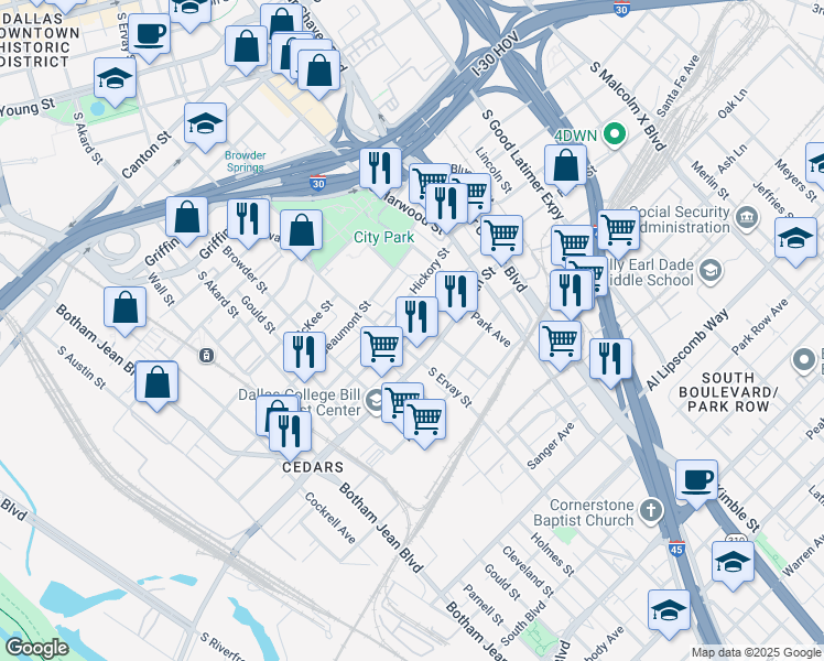 map of restaurants, bars, coffee shops, grocery stores, and more near 2007 South Ervay Street in Dallas