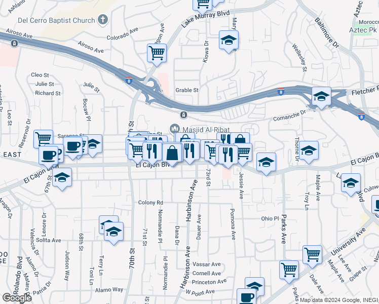 map of restaurants, bars, coffee shops, grocery stores, and more near 7220 El Cajon Boulevard in San Diego