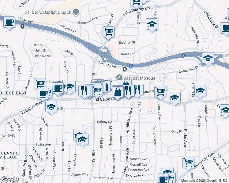 map of restaurants, bars, coffee shops, grocery stores, and more near 7166 El Cajon Boulevard in San Diego
