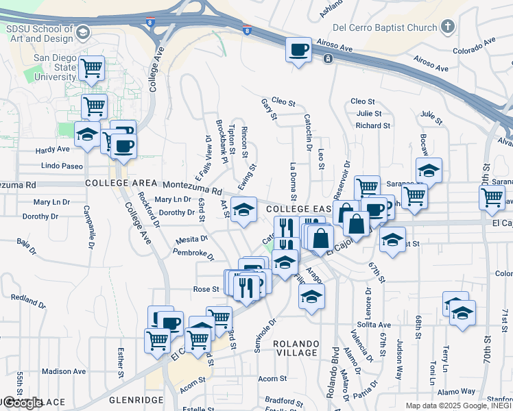 map of restaurants, bars, coffee shops, grocery stores, and more near 6401-6413 Montezuma Road in San Diego