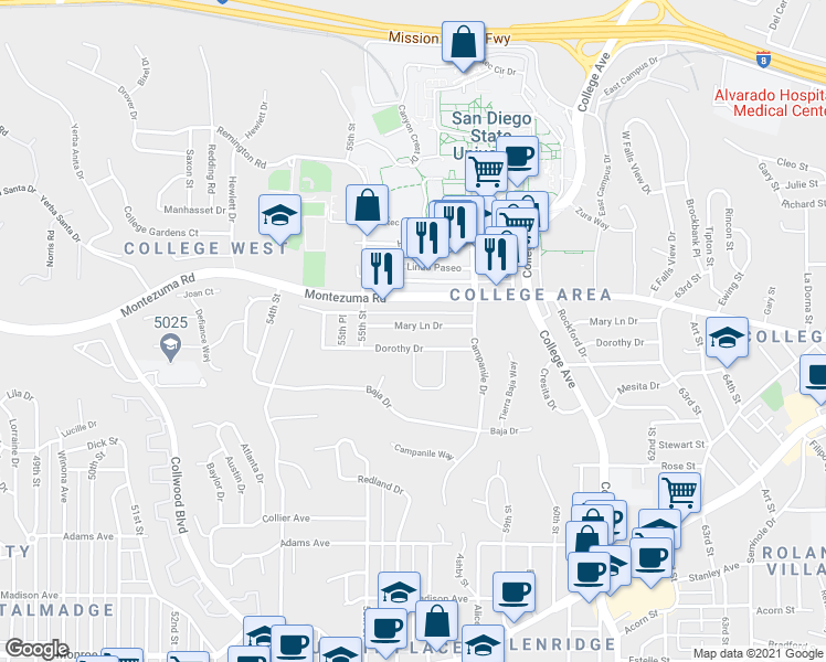 map of restaurants, bars, coffee shops, grocery stores, and more near 5531 Dorothy Drive in San Diego